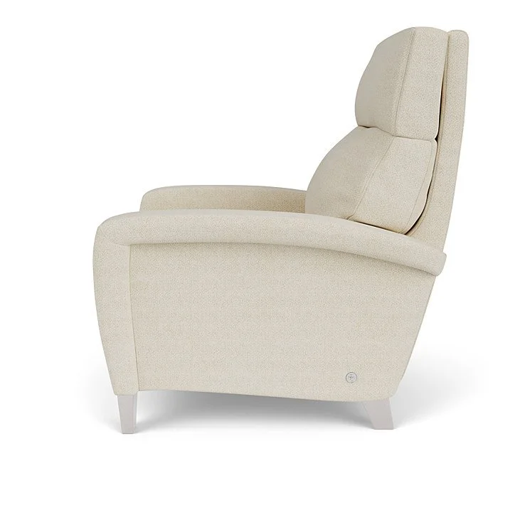 Motorized or manual recliner with articulating headrest and concealed stainless-steel footrest.