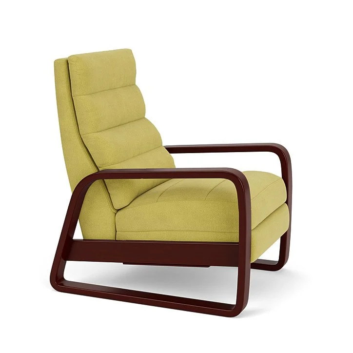 Designer recliner with customizable upholstery and solid wood arms in multiple finishes.