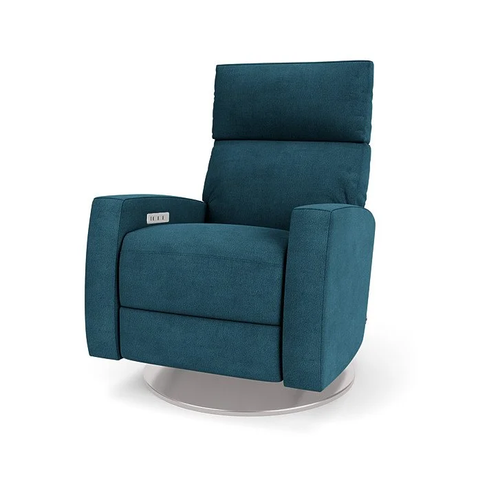 Modern Elliot recliner in custom fabric with ergonomic design and wood disc base. (Copy)