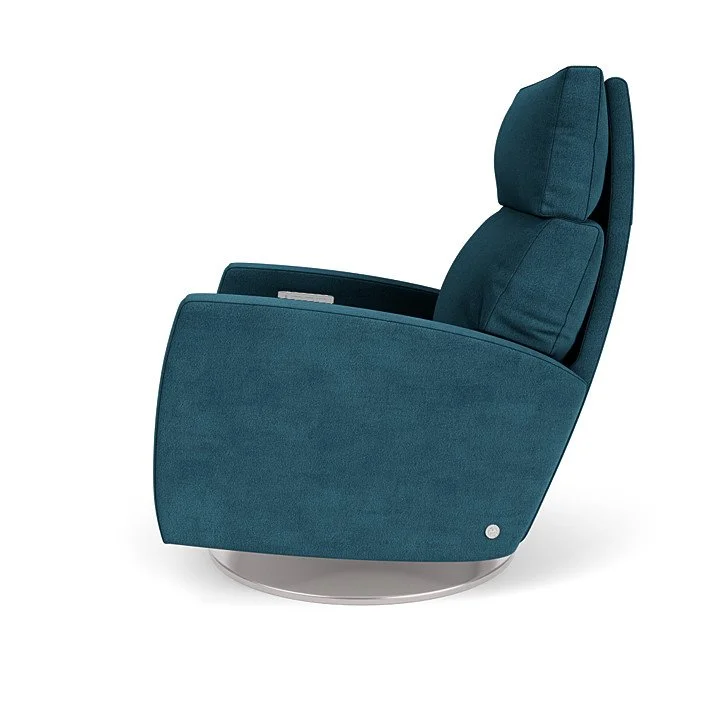 Elliot Comfort Recliner in premium leather with adjustable headrest and sleek metal base.