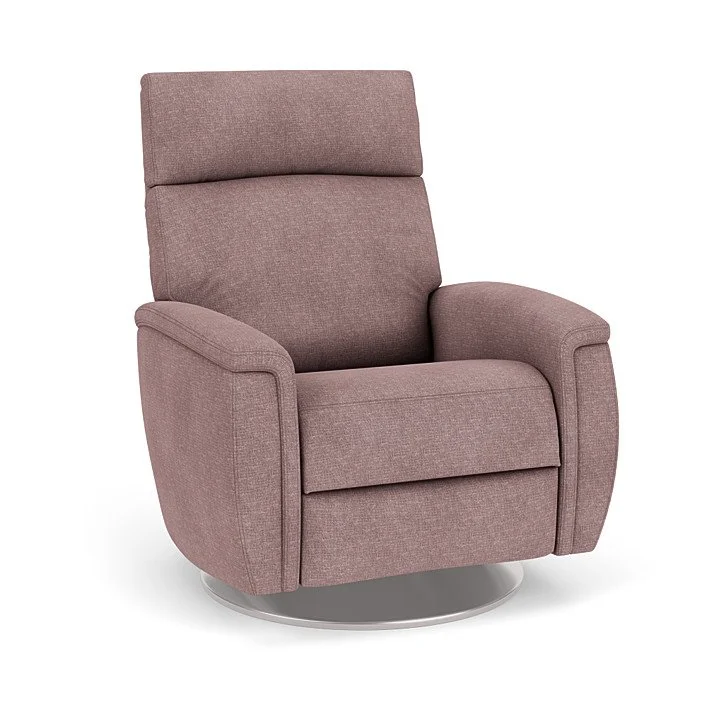 Motorized or manual recliner with articulating headrest and concealed stainless-steel footrest.