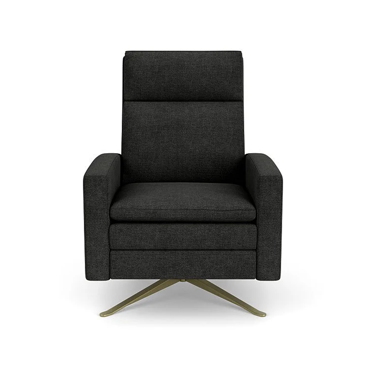 Compact designer recliner in premium fabric, ideal for small spaces.