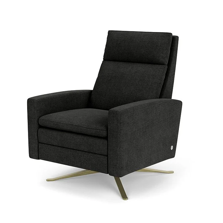 Modern Simon Re-Invented Recliner™ with sleek arms and swivel base by American Leather.