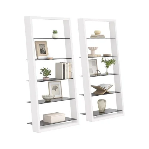 Modern white ladder-style bookshelf with grey-tinted glass.