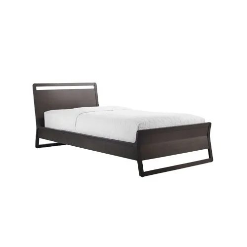Woodrow Bed in black oak with curved headboard and tapered legs by Blu Dot