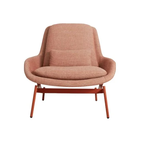 Blu Dot Field Lounge Chair – modern sculptural lounge chair with a sleek steel base, deep seating, and tailored cushions, available in fabric and leather upholstery options.