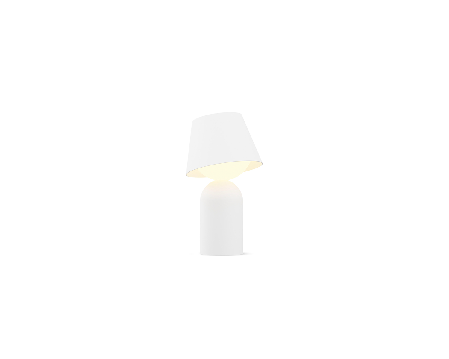 Matte white portable LED lantern with hat shade and minimal geometry.