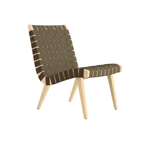 Compact armless lounge chair in solid maple with woven webbing for flexible comfort.