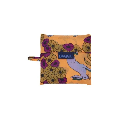 Eco friendly Baggu shopper featuring purple rabbits and orange floral design.