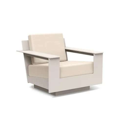 Durable and stylish weatherproof patio chair featuring contemporary angles and cushioned comfort.