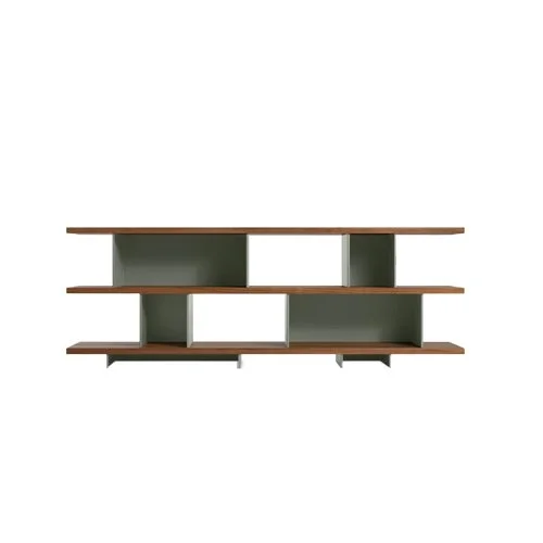 Sculptural bookcase with veneered wood and steel frame, perfect for display.