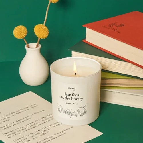 Clean-burning candle blending paper and amber for warm sophistication.