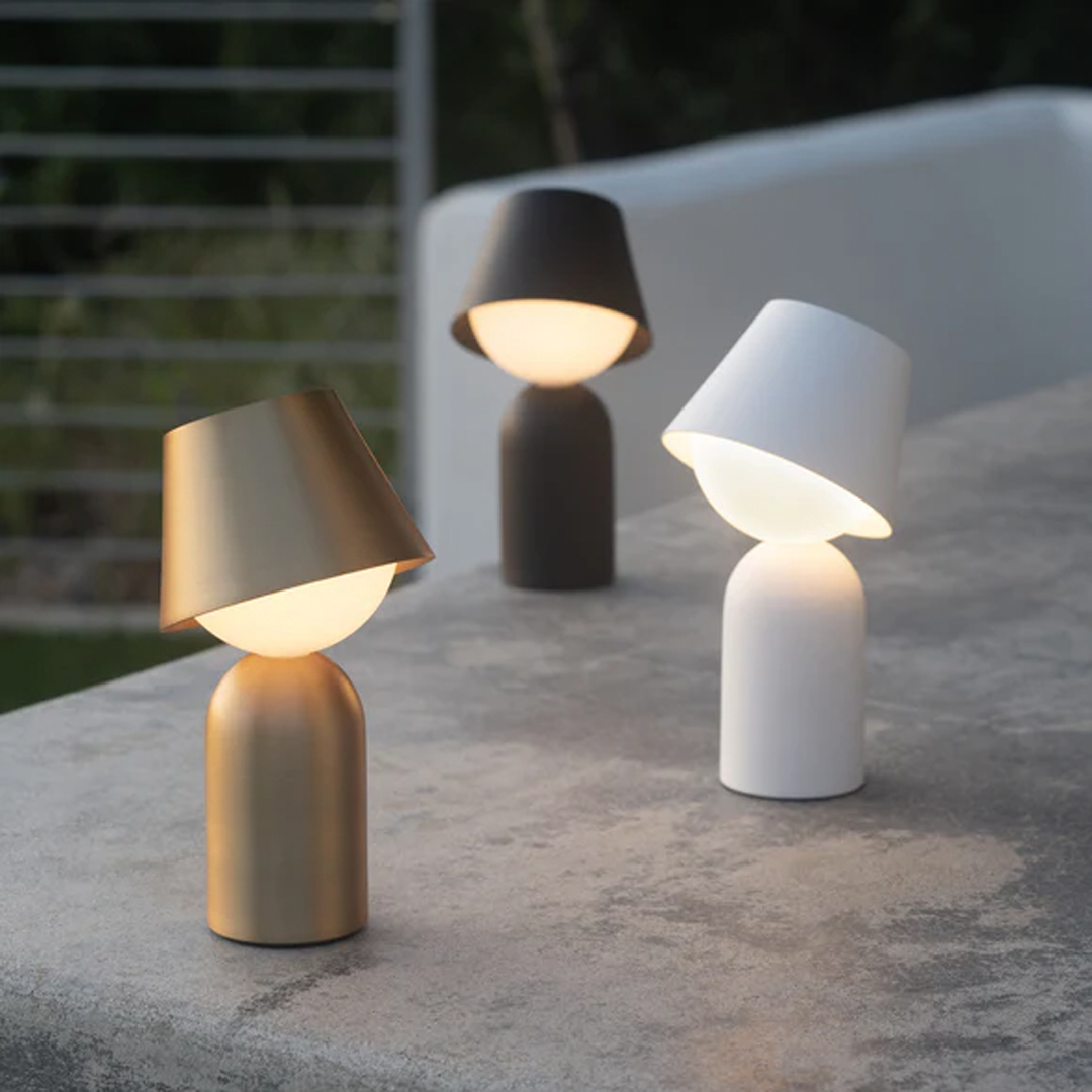 Contemporary portable lantern featuring aluminum construction and soft LED output.