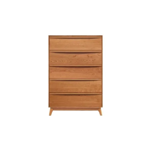 Copeland Catalina 5-Drawer Wide Dresser in cherry or walnut, a mid-century modern solid wood piece.