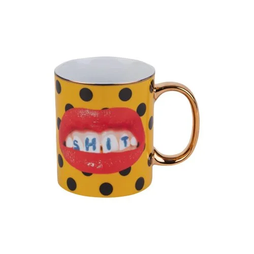 Contemporary ceramic coffee mug with expressive surface imagery