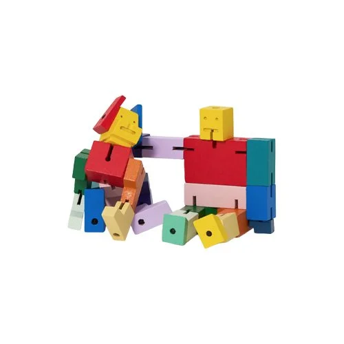 Pair of articulated hardwood Cubebot figures for interactive play and display