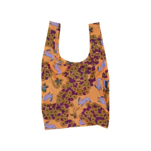 Standard Baggu Wild Rabbit reusable tote made from 100 percent recycled nylon with vibrant rabbit print.