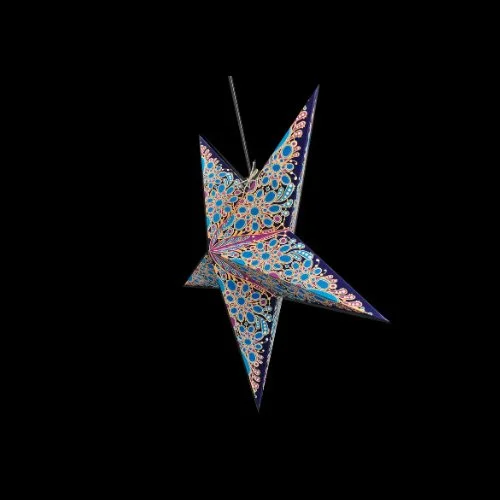 Contemporary pendant lighting accent with a handcrafted blue paper star lantern.