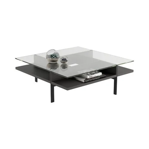 Terrace 1150 Square Coffee Table by BDi with glass top and layered wood-and-steel base.