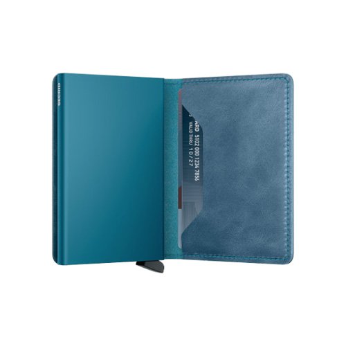Compact RFID wallet combining leather exterior and one-click card access