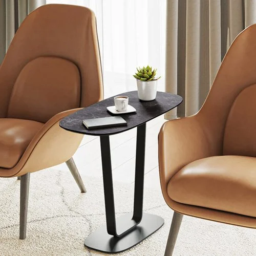 Modern porcelain top side table with compact footprint and stone finish.