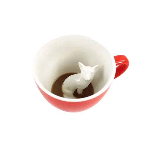 Red Orange ceramic Fox Coffee Cup with hidden fox figure from Creature Cups.
