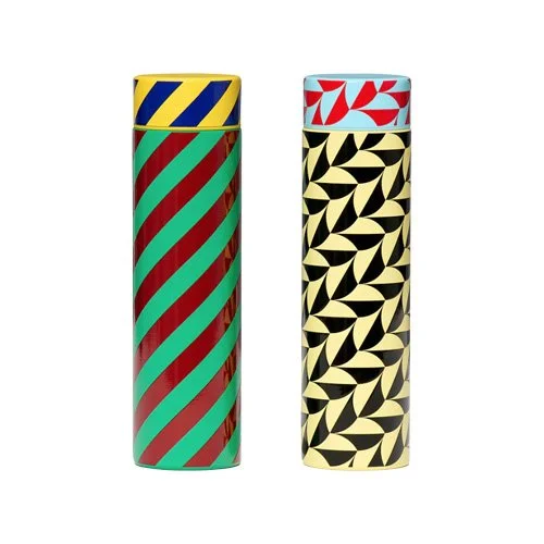 Designer thermal bottle featuring colorful stripes and clean form