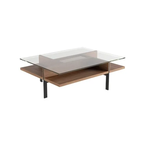 Terrace 1152 Rectangular Coffee Table by BDi with glass top and layered wood and steel tiers.