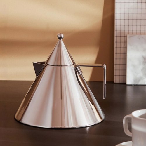 Designer Il Conico stovetop kettle from Alessi crafted in polished stainless steel.