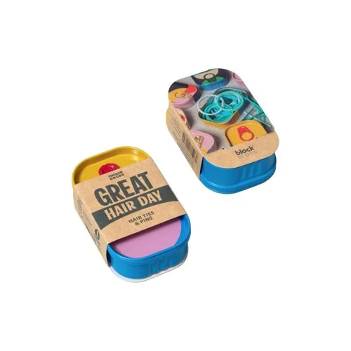 Illustrated storage tin containing coordinated hair accessories