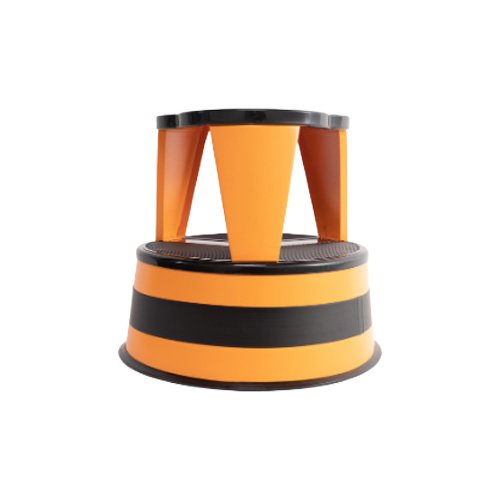 Kik-Step Step Stool in bright orange steel with spring-loaded casters.