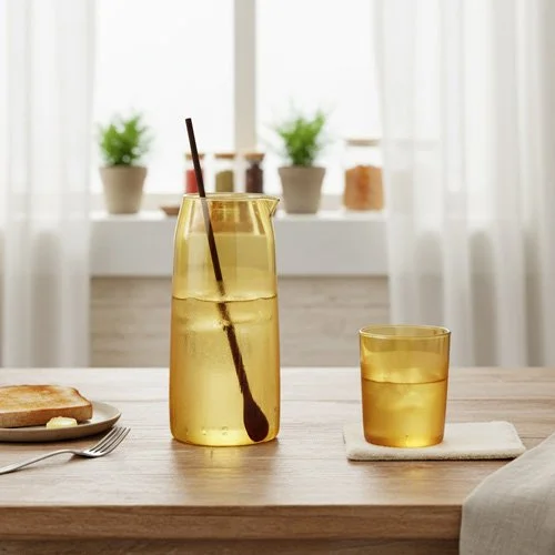 Contemporary amber pitcher offering minimalist silhouette and warm glass tone