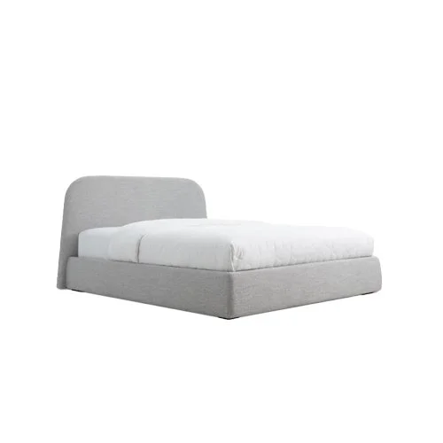 Lid Bed by Blu Dot in Afton Grey with clean-lined upholstered headboard