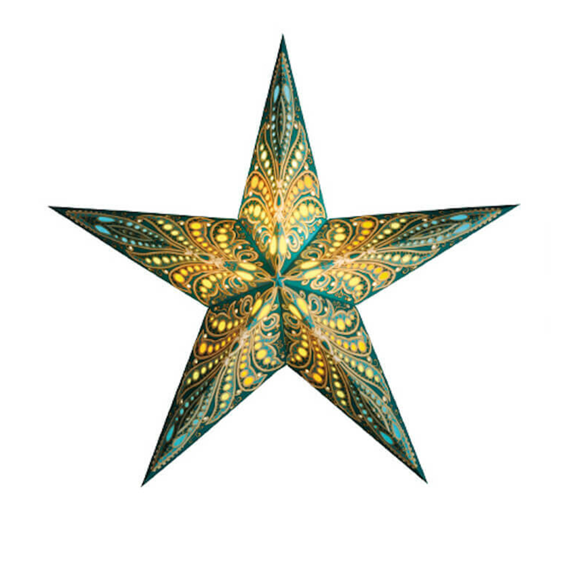 Turquoise paper star lantern crafted from wood free, chlor free materials.
