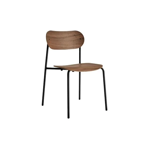 Blu Dot SideBySide Chair in solid walnut with angled sculptural form.