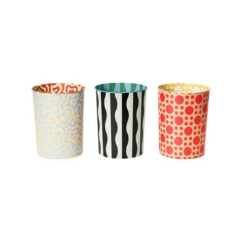 Colorful modern storage bin combining graphic pattern and functionality.