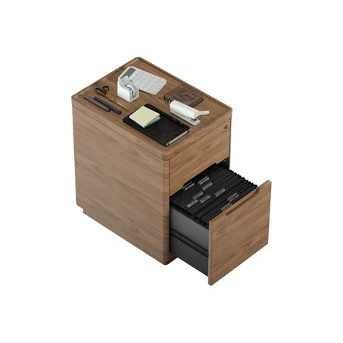 Modern storage cabinet with letter and legal file drawers in a natural walnut finish.