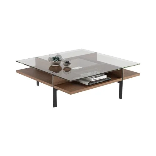 Modern square coffee table featuring sculptural tiered design and tempered glass top.