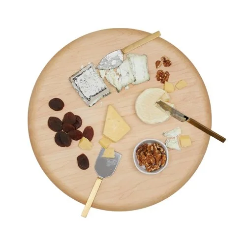 Modern cheese knife trio including knife, slicer, and spreader in brushed finish.