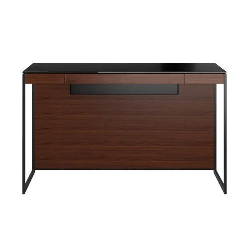 Small modern desk with keyboard drawer and built-in cable management.