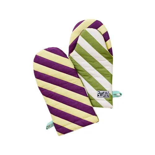 Designer oven mitts featuring neutral striped pattern and padded form