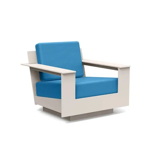 Durable and stylish weatherproof patio chair featuring contemporary angles and cushioned comfort.