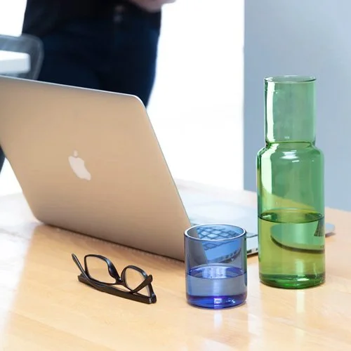 Modern color block carafe featuring sculptural geometry and clean form.