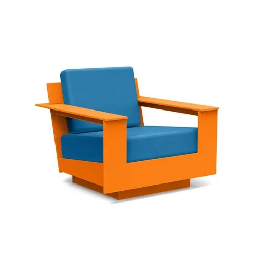 Durable and stylish weatherproof patio chair featuring contemporary angles and cushioned comfort.