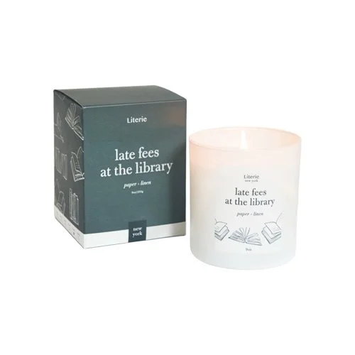 Hand-poured vegan coconut-soy candle evoking cozy library charm.