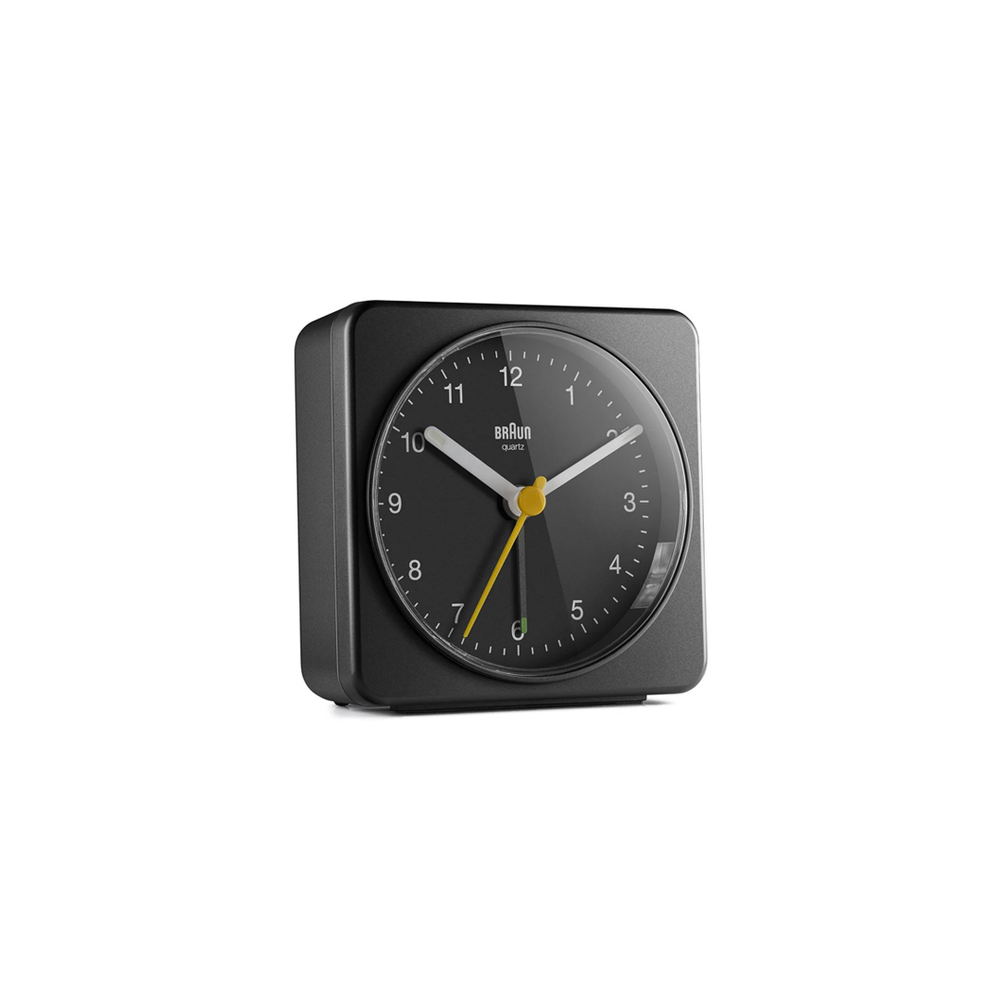 Braun BC03 black large travel alarm clock with clean numerals and yellow second hand