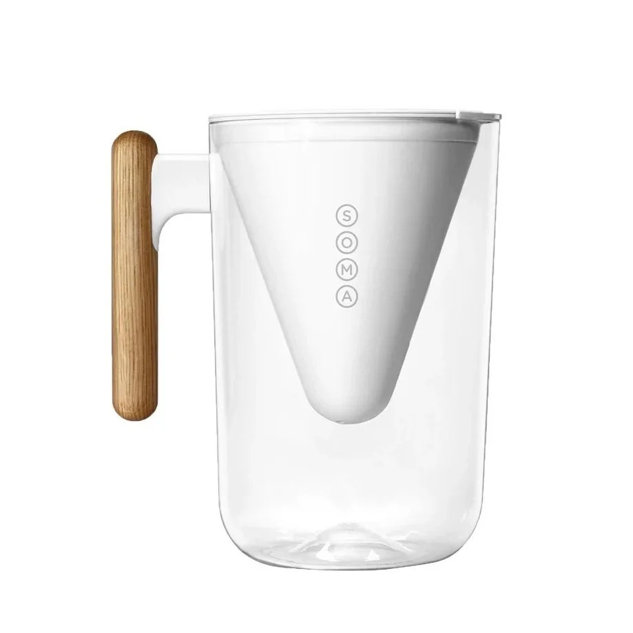 Design-forward bamboo-handle water pitcher offering 80-oz capacity and two-month filter performance.