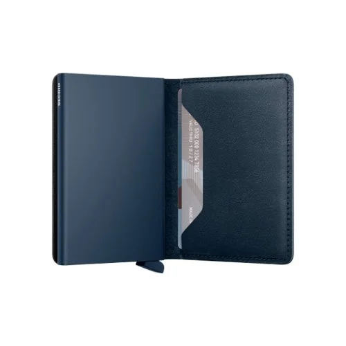 Compact RFID wallet combining leather exterior and one-click card access