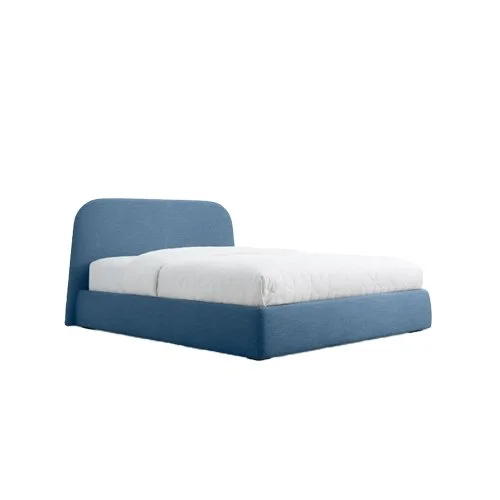 Modern upholstered Lid Bed with low platform frame in blue fabric