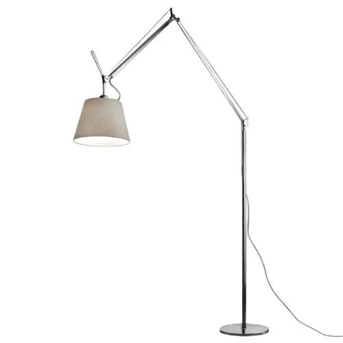 Tolomeo Mega floor lamp with 14-inch parchment diffuser and articulated arm system.